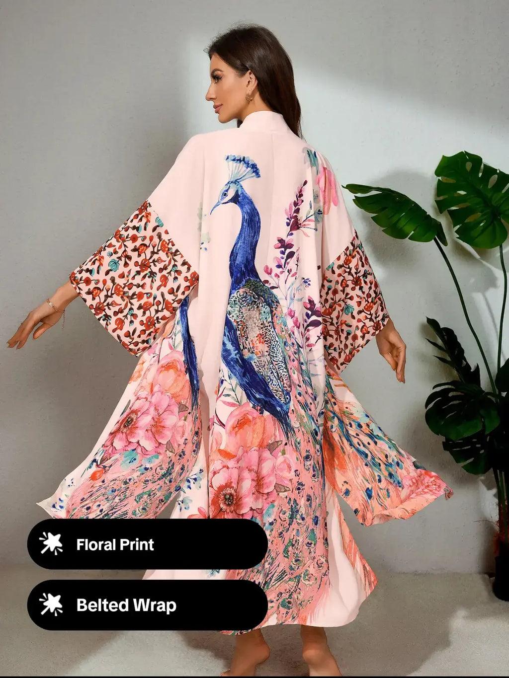 Plus Size Peacock & Floral Print Belted Wrap Kimono Cardigan, Casual Chic Style Split Hem Kimono Cardigan Sleeves, Women's Summer Swimwear for Beach Holiday Vacation