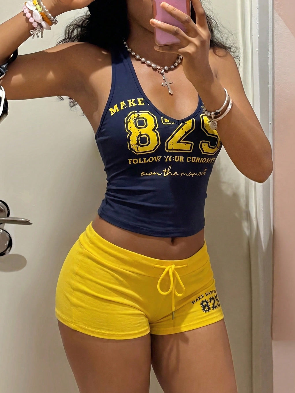 StreetHx Women 2-Piece Set:Yellow Vest Top,Blue Shorts.HypeZone-D Spaghetti Strap Camisole,Letter Print,Slim Fit For Gym,Summer,Y2k,Sports,Beach Outfits