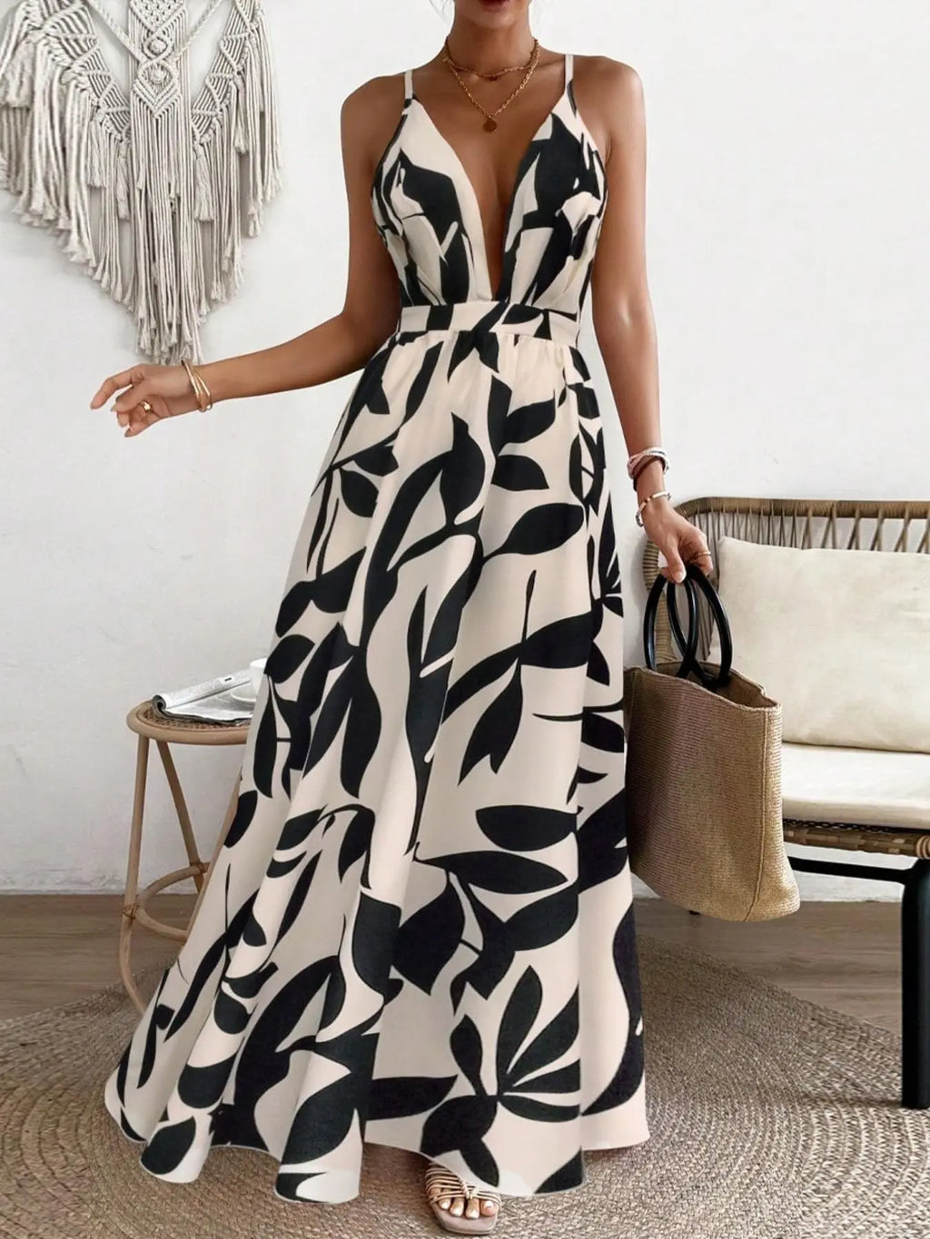 Women's All Over Print Deep V Neck Sleeveless Backless Cami Maxi Dress, Beachwear Dress, Elegant Adjustable Strap Criss Cross A Line Dress for Beach Holiday Vacation, Ladies Summer Clothes