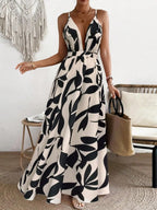 Women's All Over Print Deep V Neck Sleeveless Backless Cami Maxi Dress, Beachwear Dress, Elegant Adjustable Strap Criss Cross A Line Dress for Beach Holiday Vacation, Ladies Summer Clothes