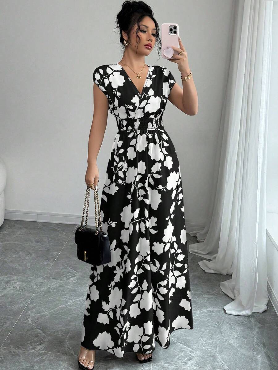 Elenzga Women V-Neck Allover Print Casual Long Dress