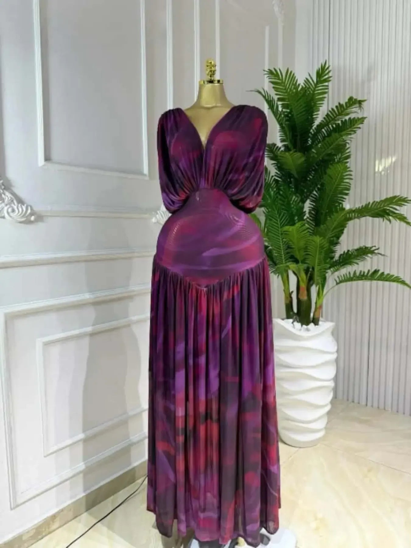 Women's Lady Tie-Dye Print V-Neck Batwing Short Sleeve Maxi Dress, Womenswear Autumn Birthday Party Vacation Gown, Sexy Evening Dress, Elegant Dress, Pleated A-line Trendy Floor Length Dresses, Streetwear Beach Clothing