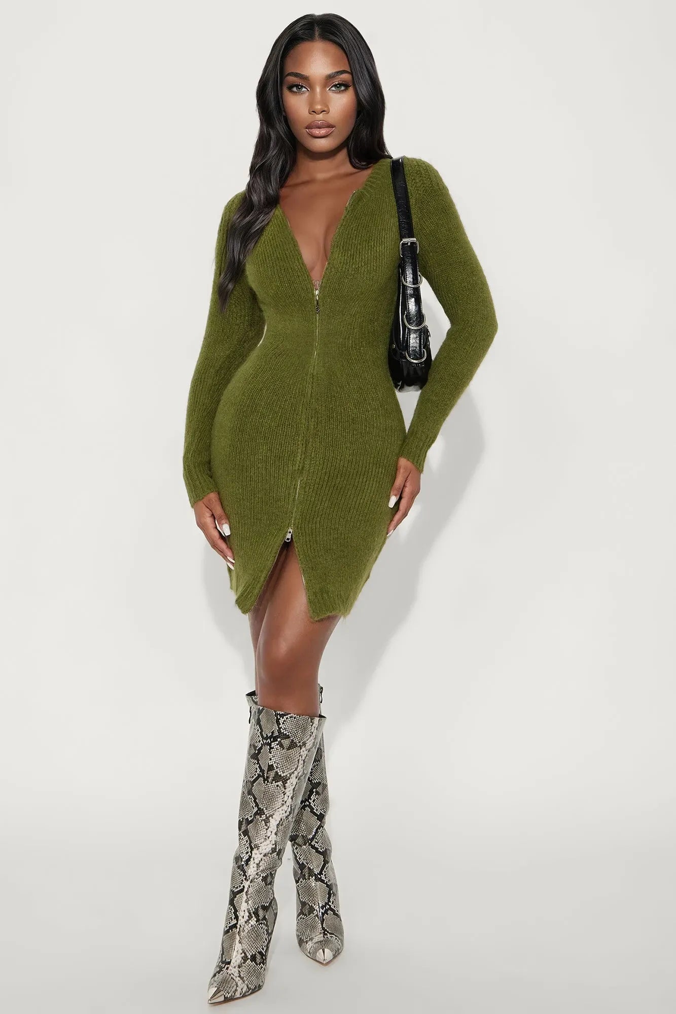 Zakia Zip Front Sweater Mini Dress - Brown