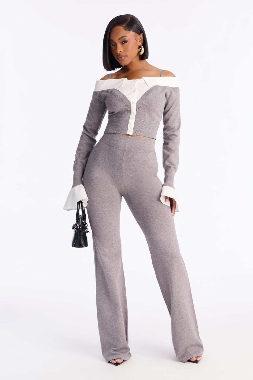 Katherine Sweater Off Shoulder Pant Set - Grey