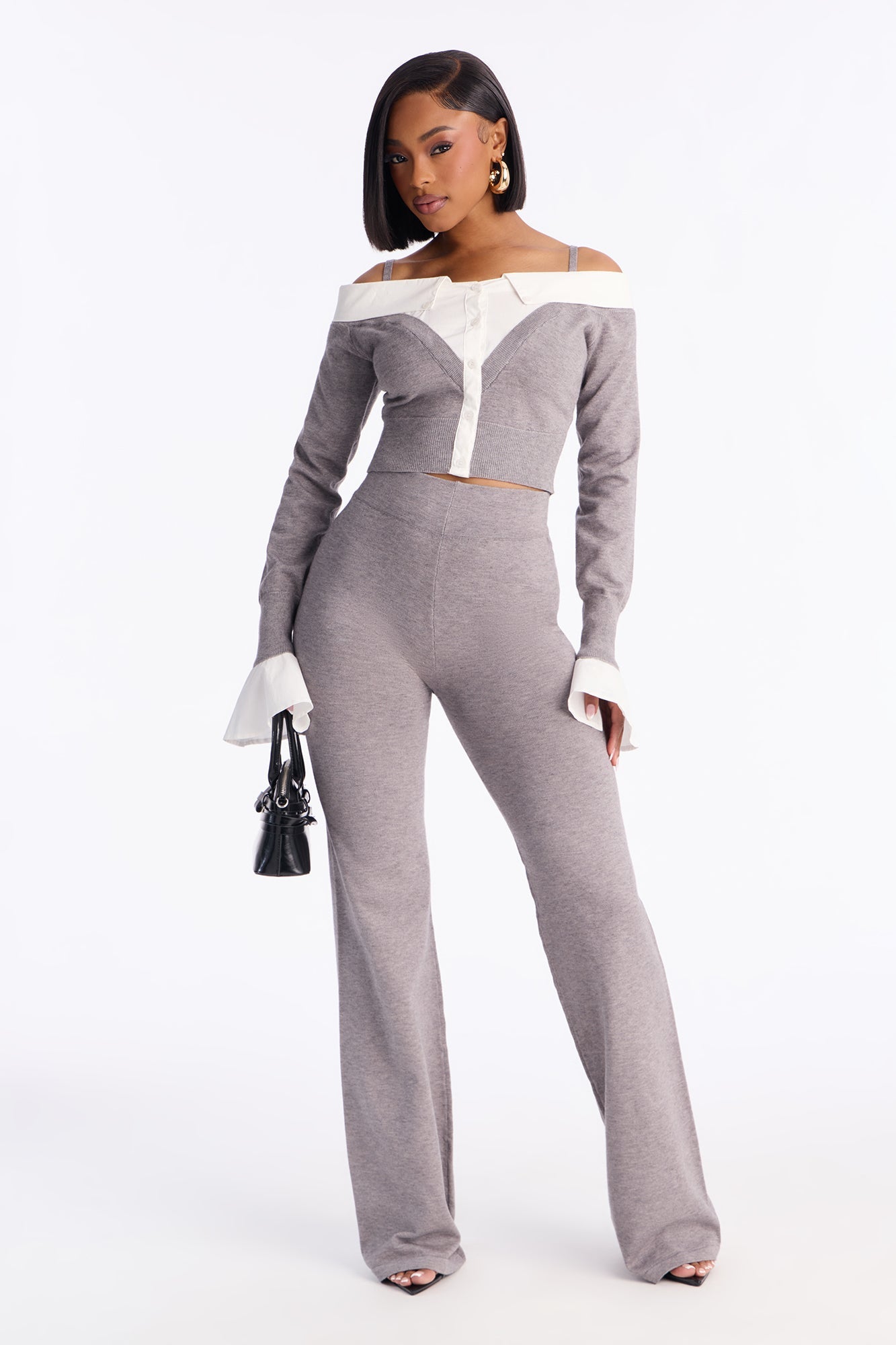 Katherine Sweater Off Shoulder Pant Set - Grey