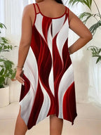 Women's Elegant Asymmetric Hem Double Strap Dress, Round Neck, Random Print Design, Summer Casual Party Wear, Fitted Style, Chic