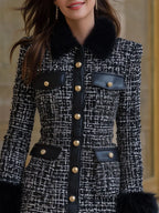 Black & White Tweed Fur-Trimmed Coat Dress