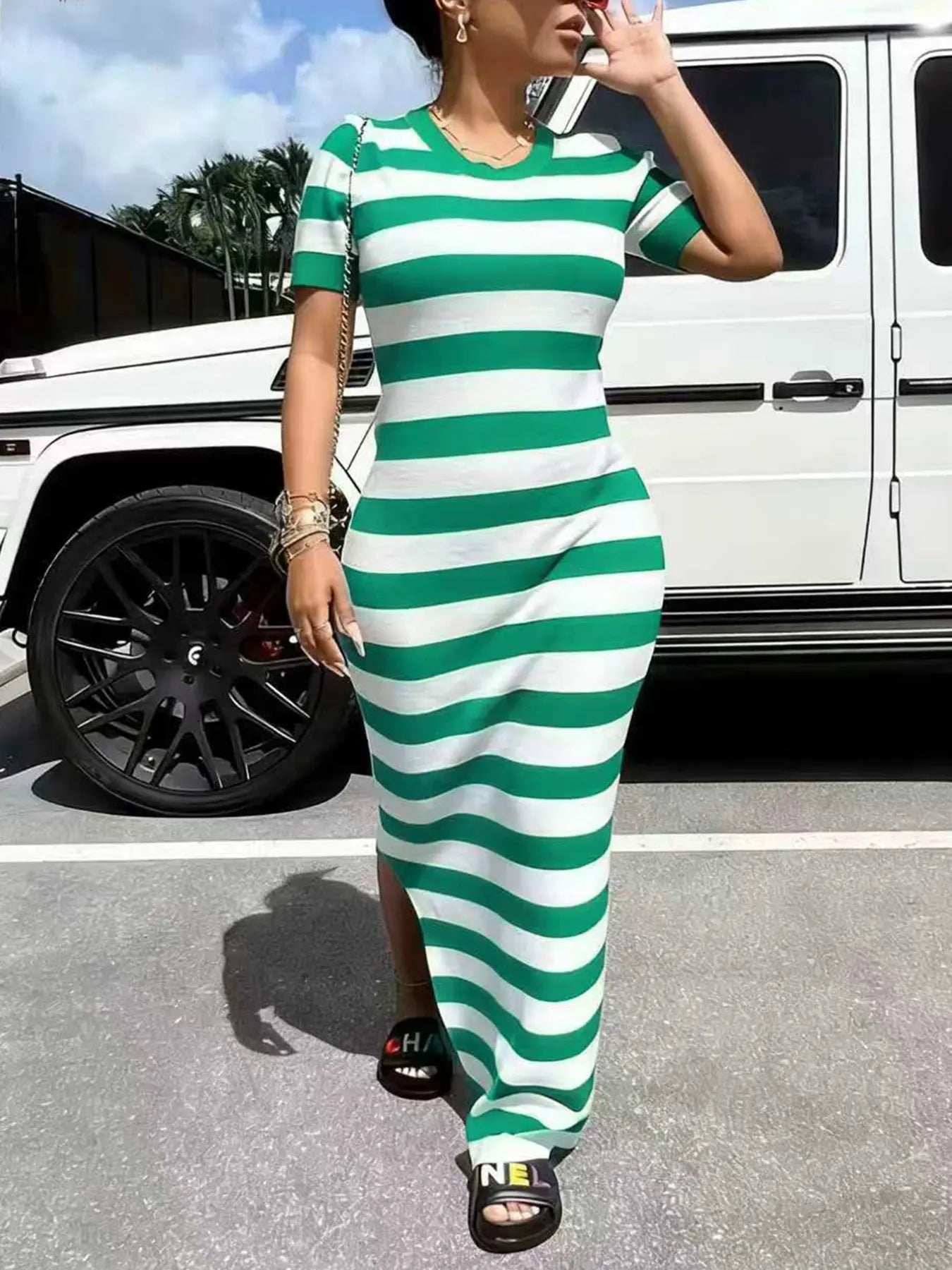 European Women's Summer New Fashion Chic Casual Striped Long Dress, Sleeveless Fitted Floral Pattern, Trendy Ladies' Clothing
