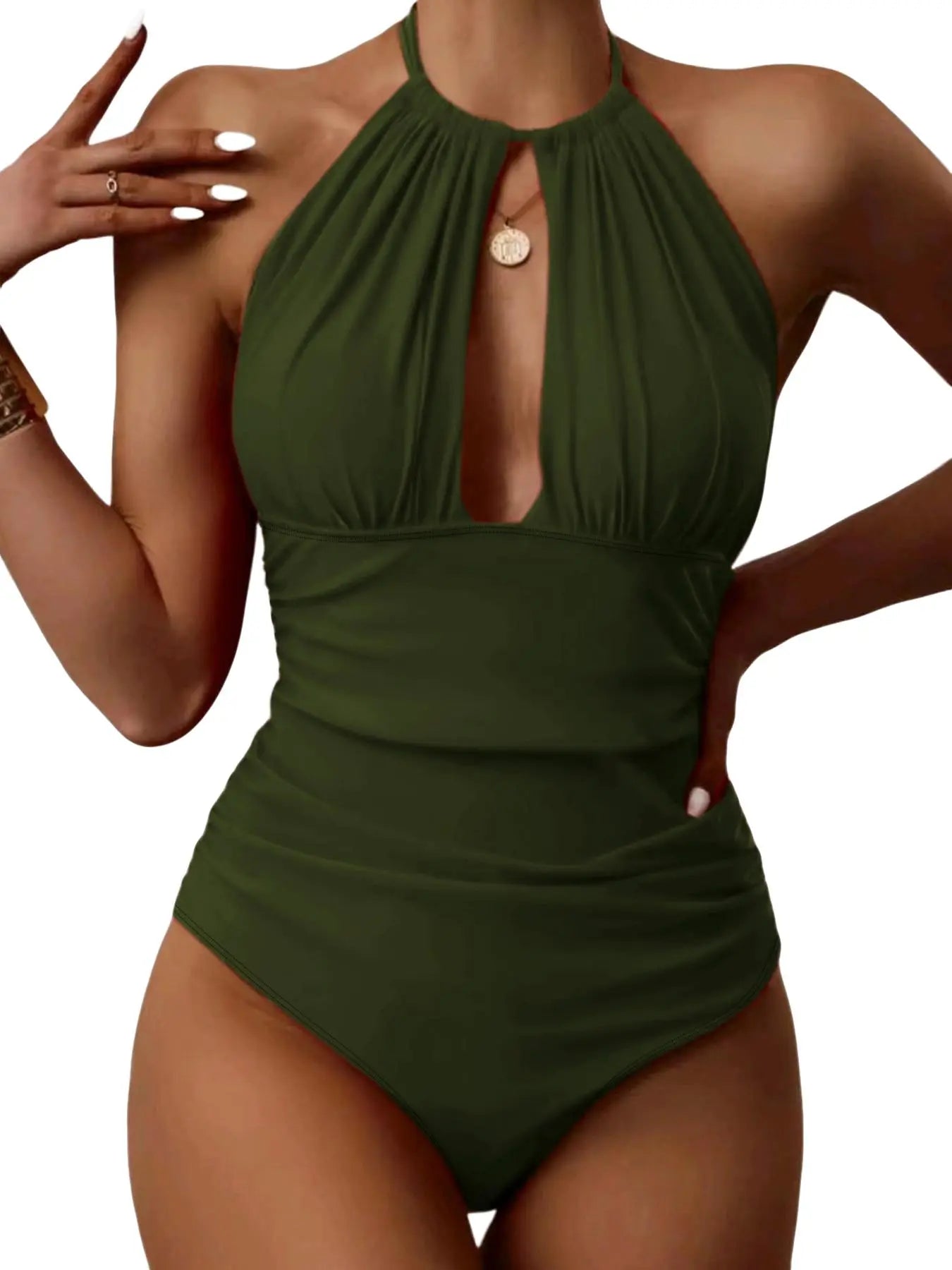 Women's Solid Cutout Ruched Backless One-Piece Swimsuit with Tie-Back Design, Fashion Swimsuit for Summer Beach Holidays and Vacations, Halter Bathing Suit, High Stretch Swimwear, Backless Swimwear