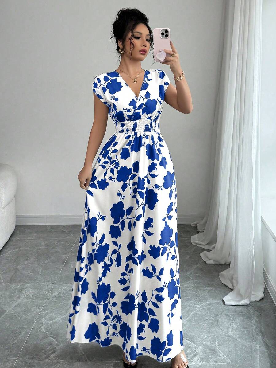 Elenzga Women V-Neck Allover Print Casual Long Dress