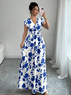 Elenzga Women V-Neck Allover Print Casual Long Dress