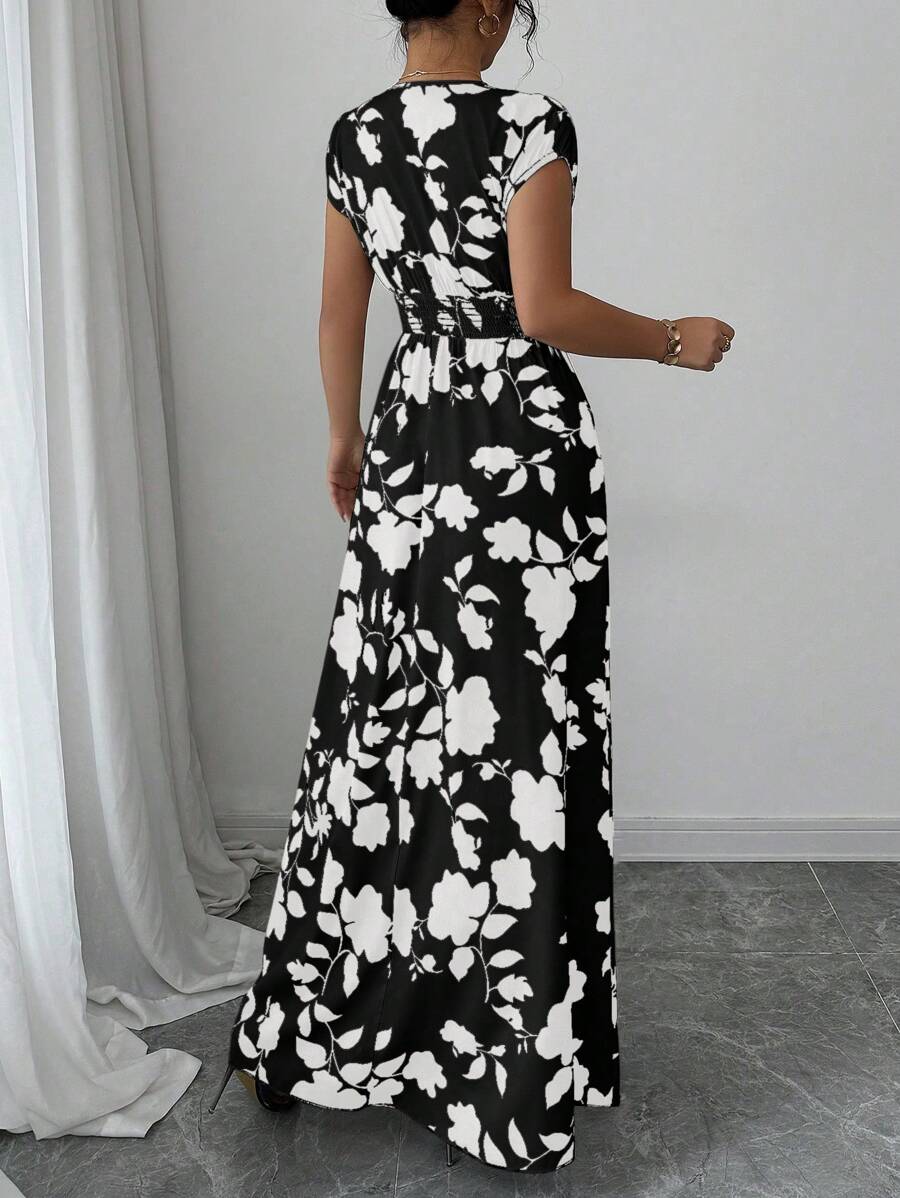 Elenzga Women V-Neck Allover Print Casual Long Dress