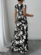 Elenzga Women V-Neck Allover Print Casual Long Dress