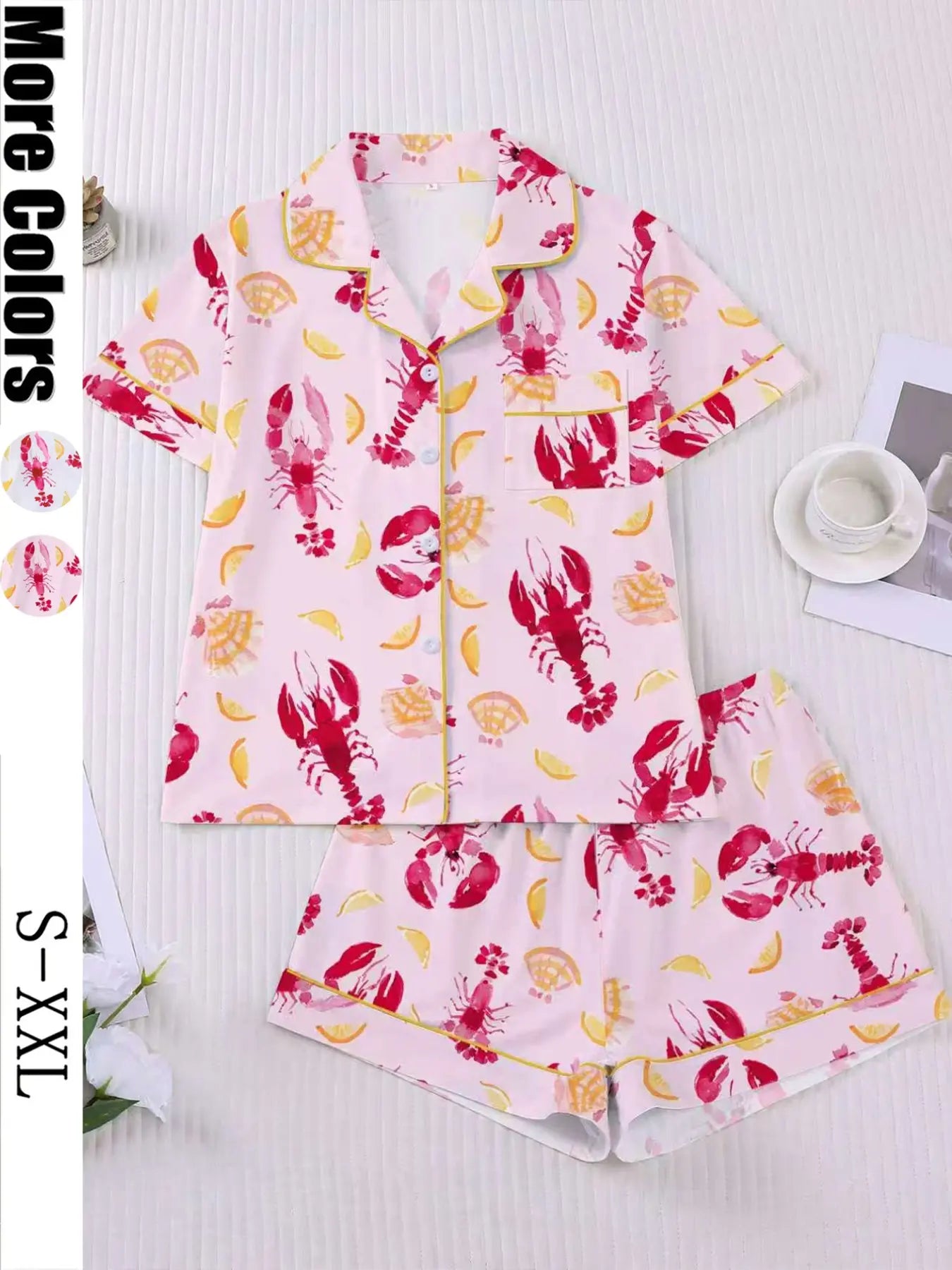 Women's Sleepwear Set, Short Sleeve Lapel Button Soft Top & Elastic Shorts