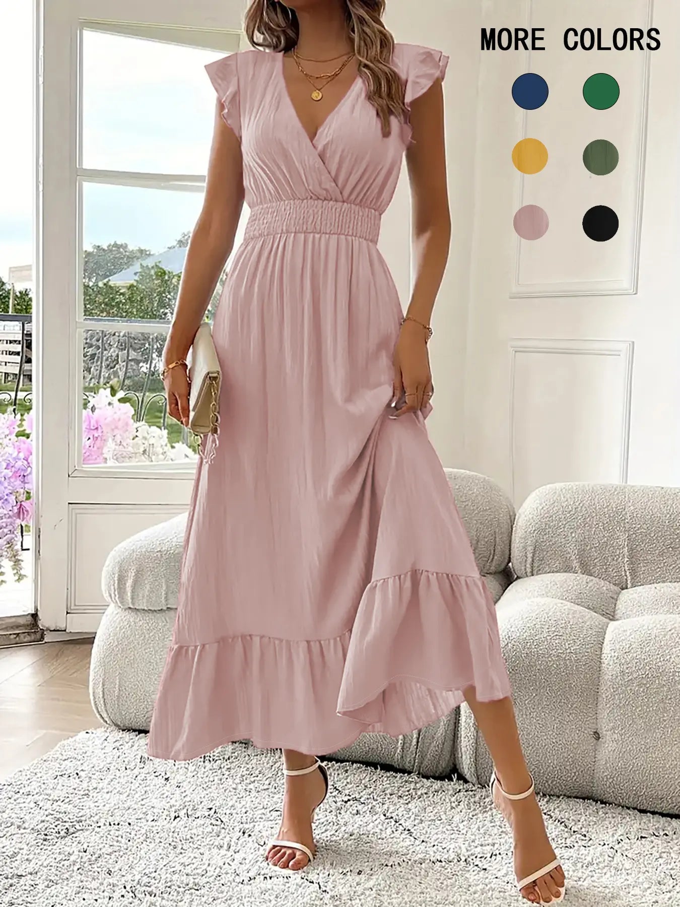 Women's Shirred V Neck Dress - Elegant Casual Summer Wear