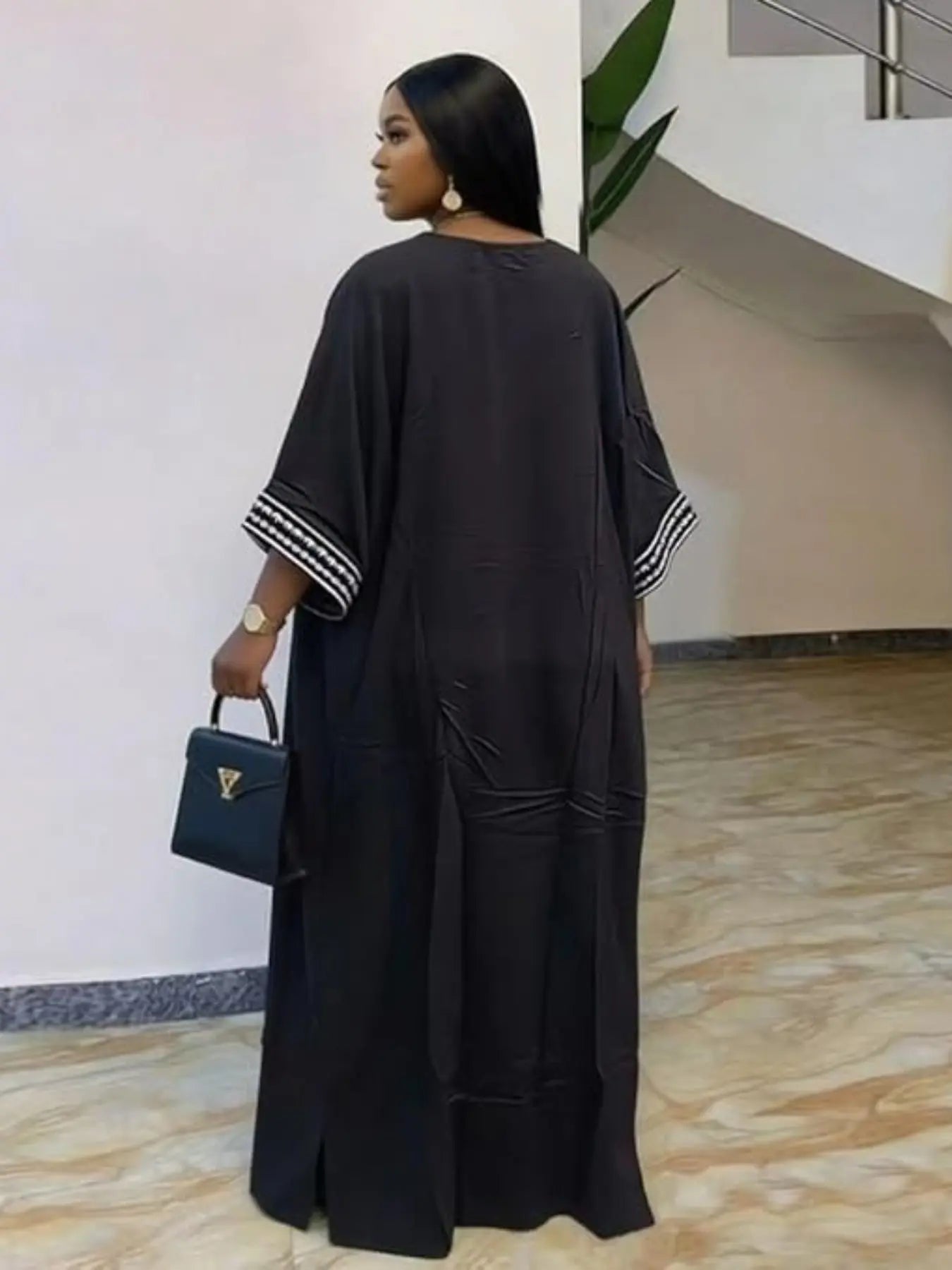 Women's Summer Solid Color Embroidered Fringe Caftan Casual Dress with Pockets and Side Slit