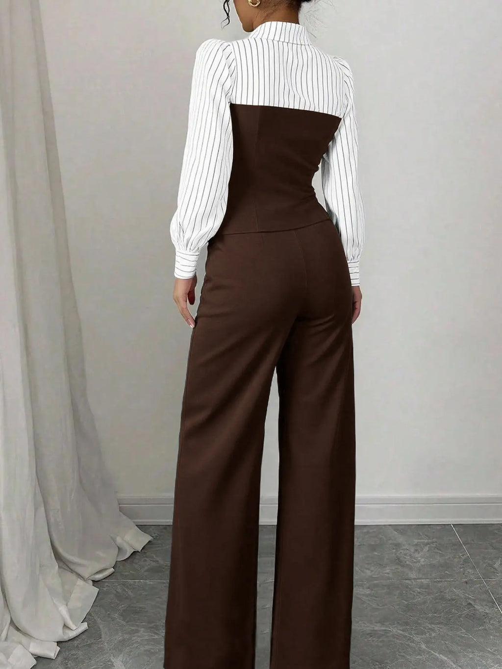 Women's Long Sleeve Colorblock Patchwork Shirt Set, Slimming Waist Design, Straight Leg Pants, Casual Fashion, Chic, Style, 2 Piece Set, Womenswear