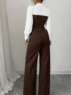 Women's Long Sleeve Colorblock Patchwork Shirt Set, Slimming Waist Design, Straight Leg Pants, Casual Fashion, Chic, Style, 2 Piece Set, Womenswear