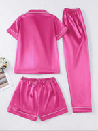 Women's Solid Satin Pyjama Three-piece Set