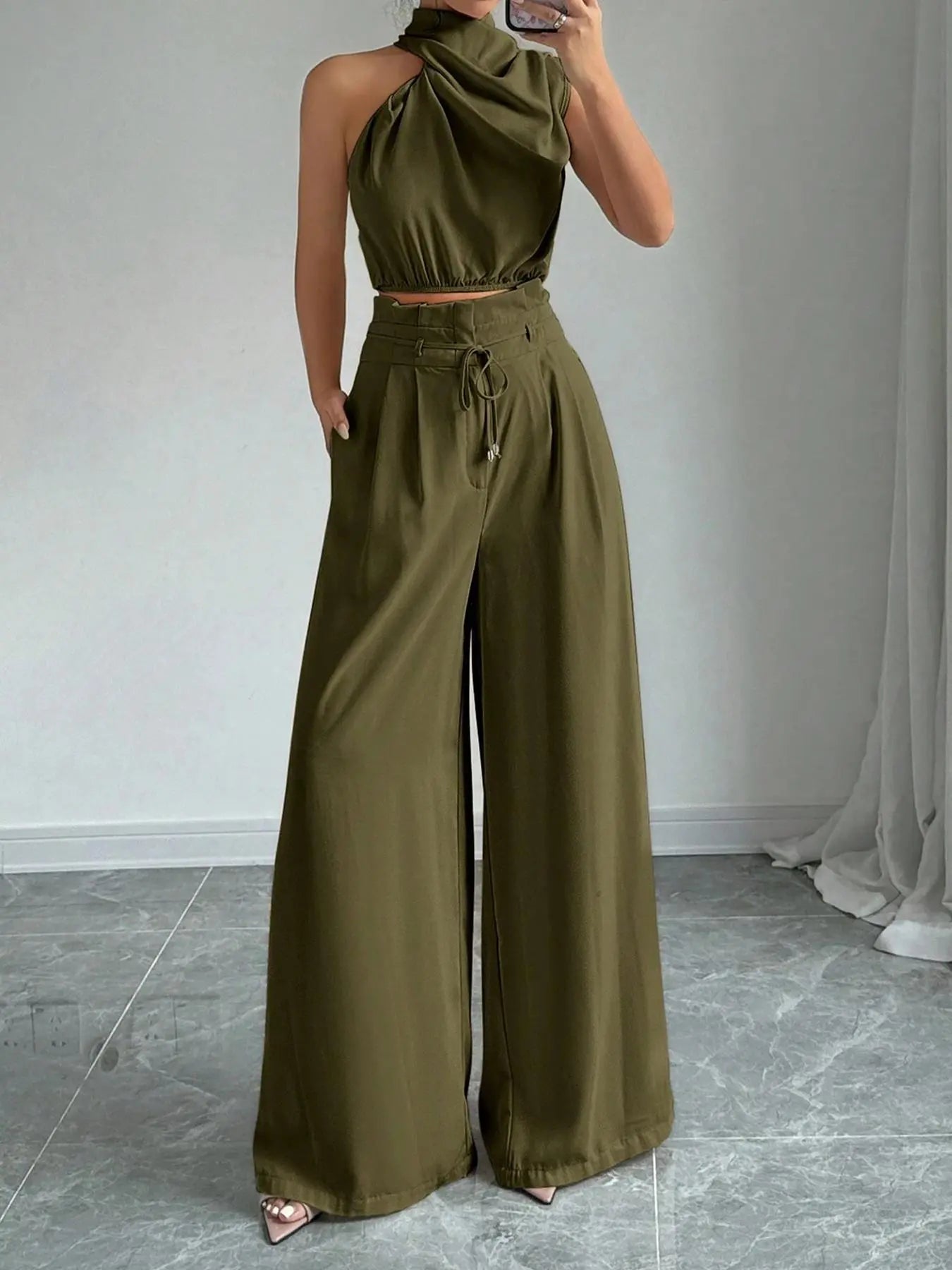 Women's Elegant Two-Piece Set, Irregular Crop Top & Wide-Leg Pants