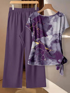 Women's Aqua Blue Summer Casual Vacation Holiday 2 Pieces Set,Abstract Floral Pattern Shirt With Tie Bow & Loose Straight Leg Pants,Vintage Style