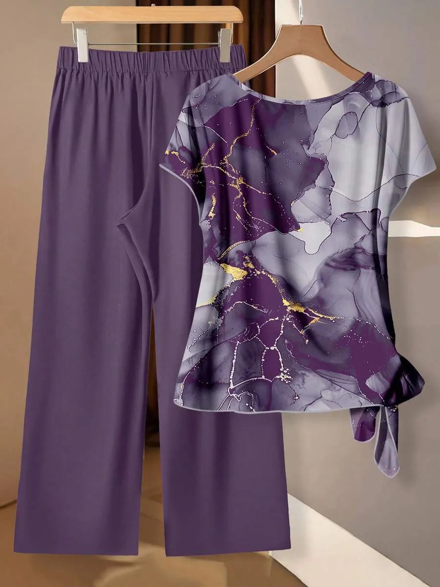 Women's Aqua Blue Summer Casual Vacation Holiday 2 Pieces Set,Abstract Floral Pattern Shirt With Tie Bow & Loose Straight Leg Pants,Vintage Style