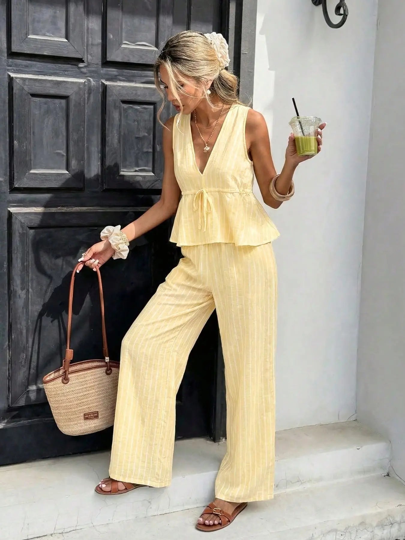 Women's Striped Tie-Waist Sleeveless Shirt Set, Long Pants Casual Two-Piece, Vintage Bohemian Style, Commuter Wear