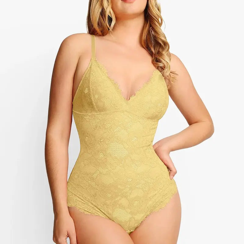 Popilush Basic Full Lace Built in Shapewear Bodysuit Women Vneck Compression Sleeveless Thong Tummy Control Backless Adjustable Sexy Bodysuit Womenswear Summervibe
