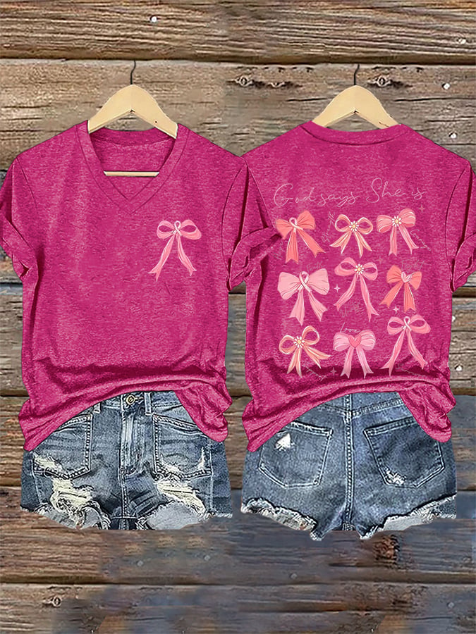 V-Neck Retro Breast Cancer Awareness Bow God Says She Is Hope Strength Courage Faith Unity Fight Support Love Survivor Print T-Shirt