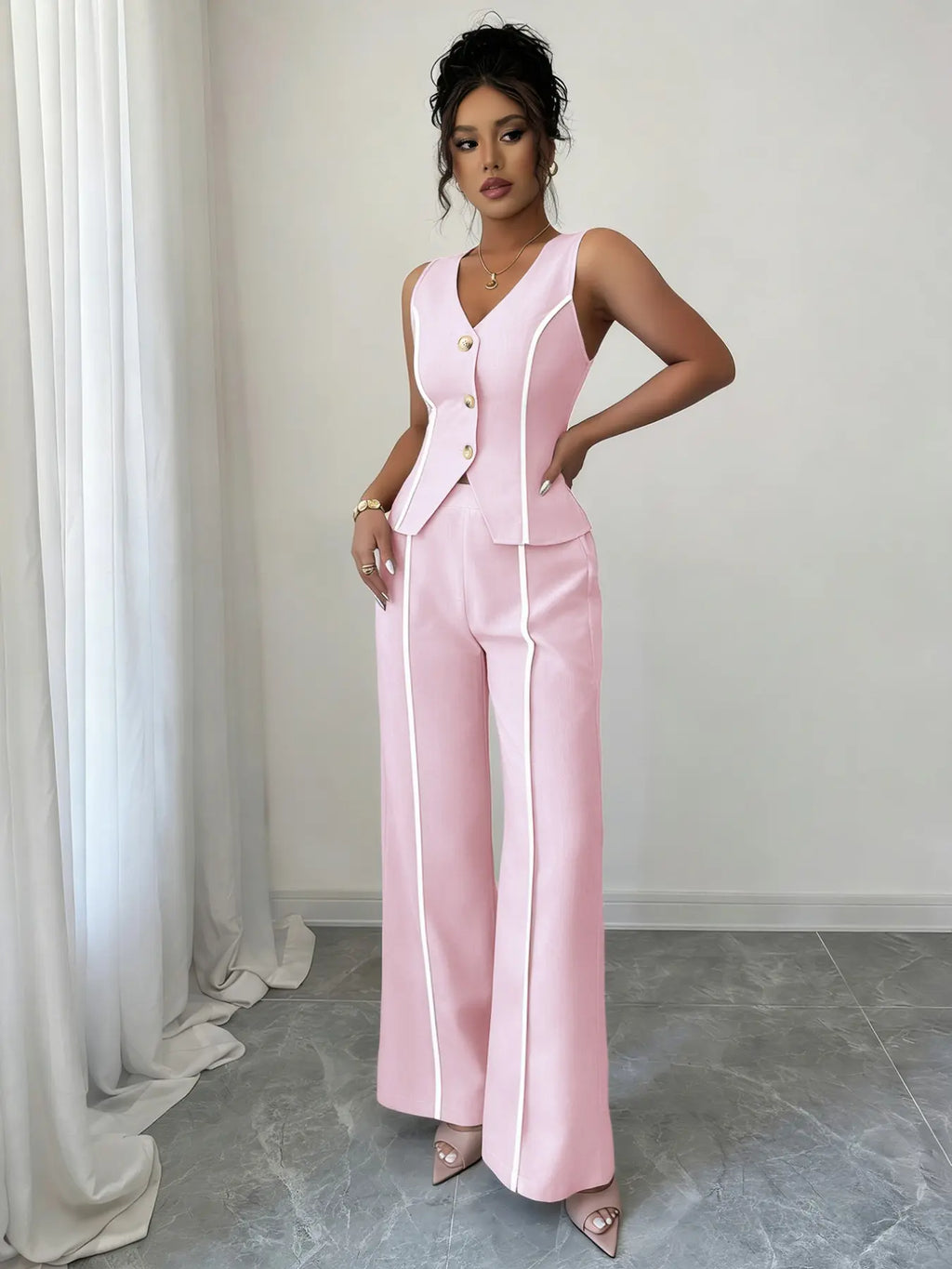 Colorblock V-Neck Sleeveless Button Vest Set Suits with Wide Leg Pants, Spring & Fall Fashion, Minimalist, Slim Fit, Plain Pattern, Natural Waist, Womenswear