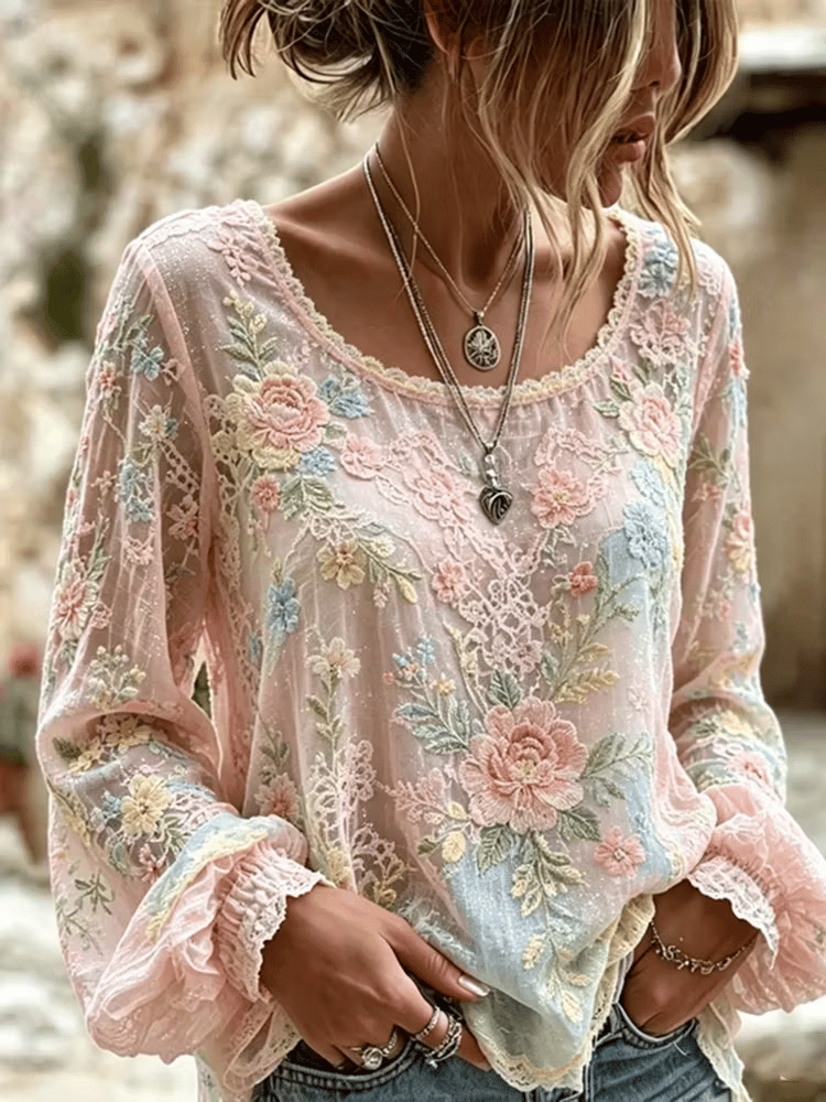 Women's Vintage Floral Breast Cancer Print Top