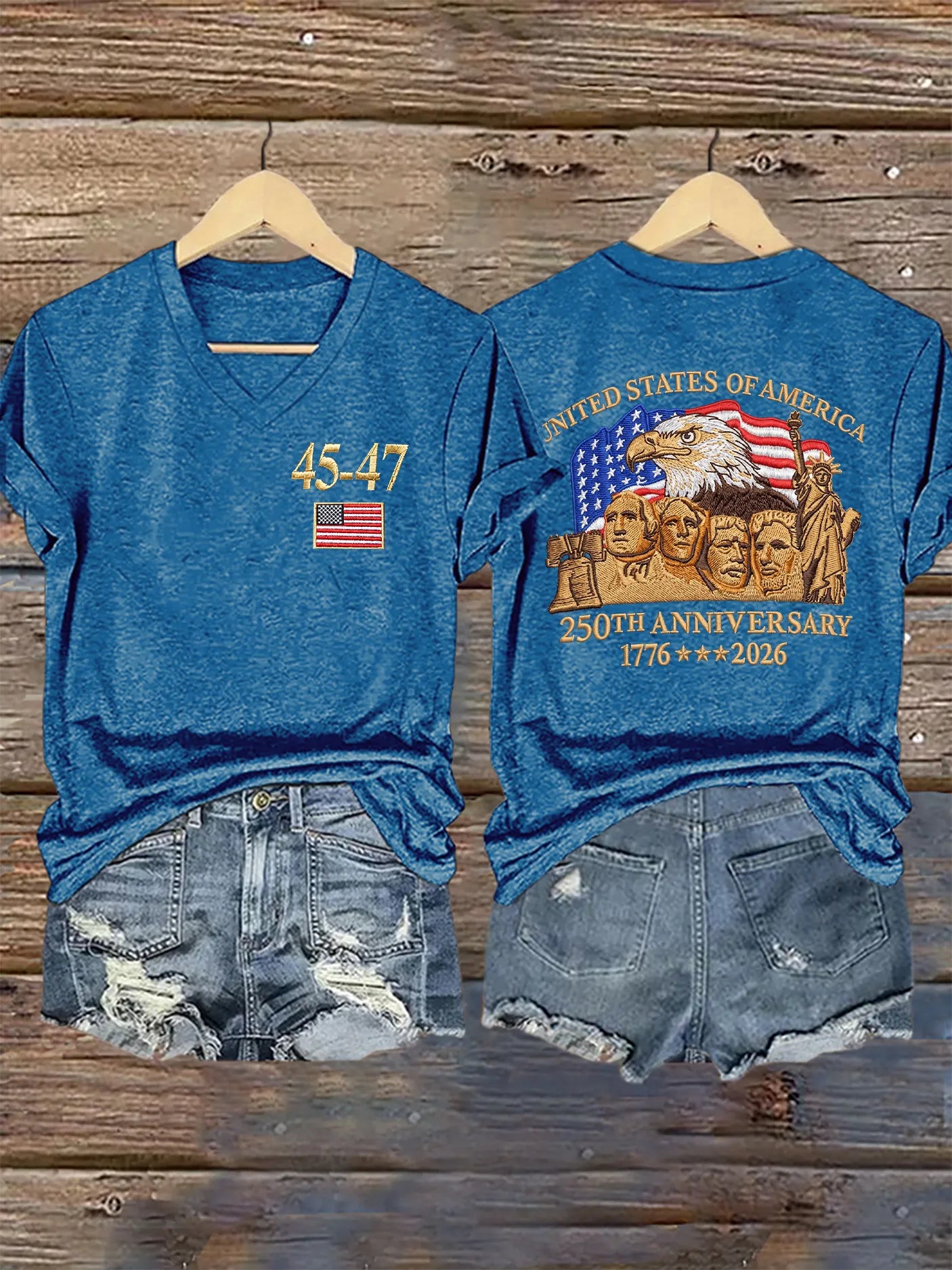 V-Neck Retro United States Of America 250th Anniversary Print T-Shirt