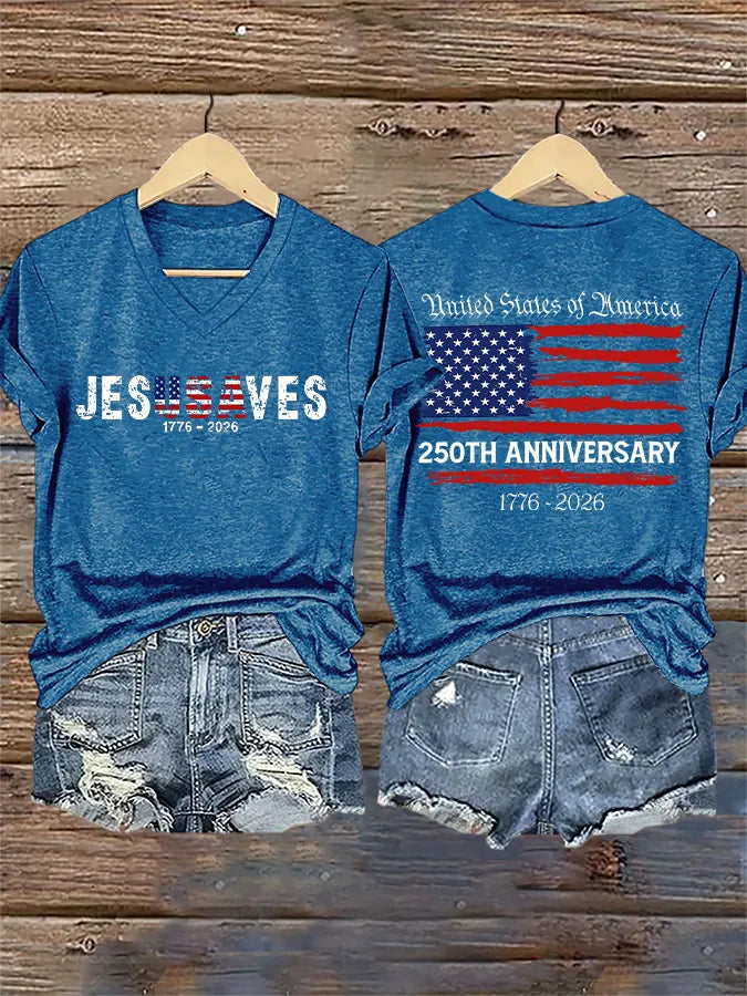 V-Neck Retro Jesus Saves America 250th Anniversary 1776-2026 Print T-Shirt
