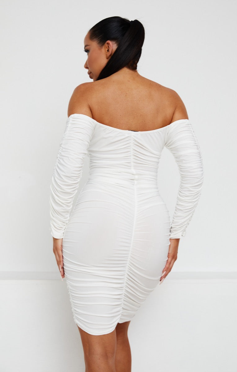 Ruched Bardot Long Sleeve Bodycon Mini Dress
