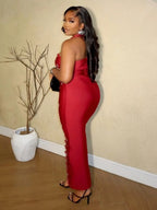 Elegant One-Shoulder Strapless Asymmetrical Women Dress, Rhinestone High Split Bodycon Dress, Beaded Embellished Evening Gown, Chic Formal Wear Fit