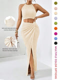 Women's Solid Color Crop Top & Split Hem Skirt Set