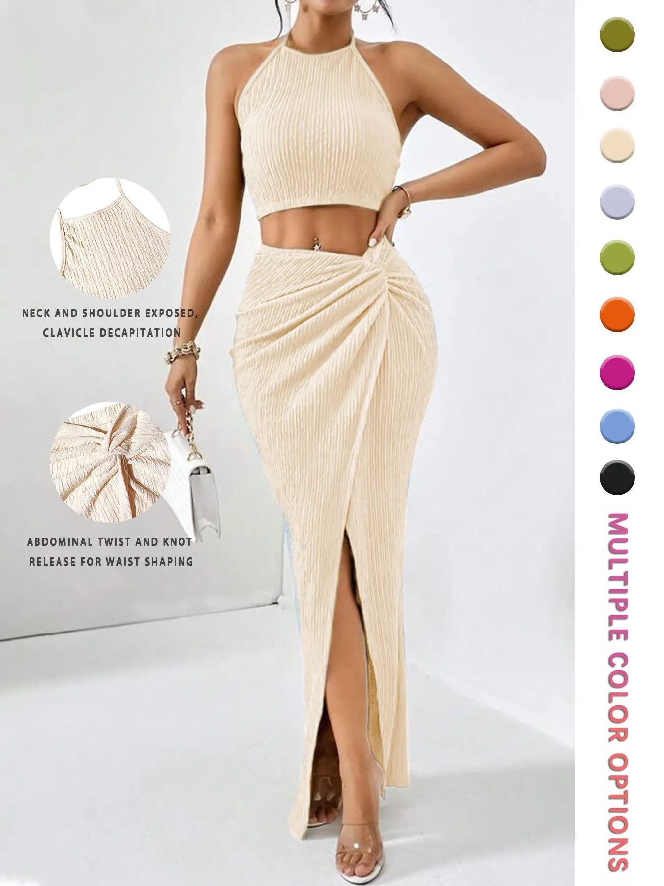 Women's Solid Color Crop Top & Split Hem Skirt Set