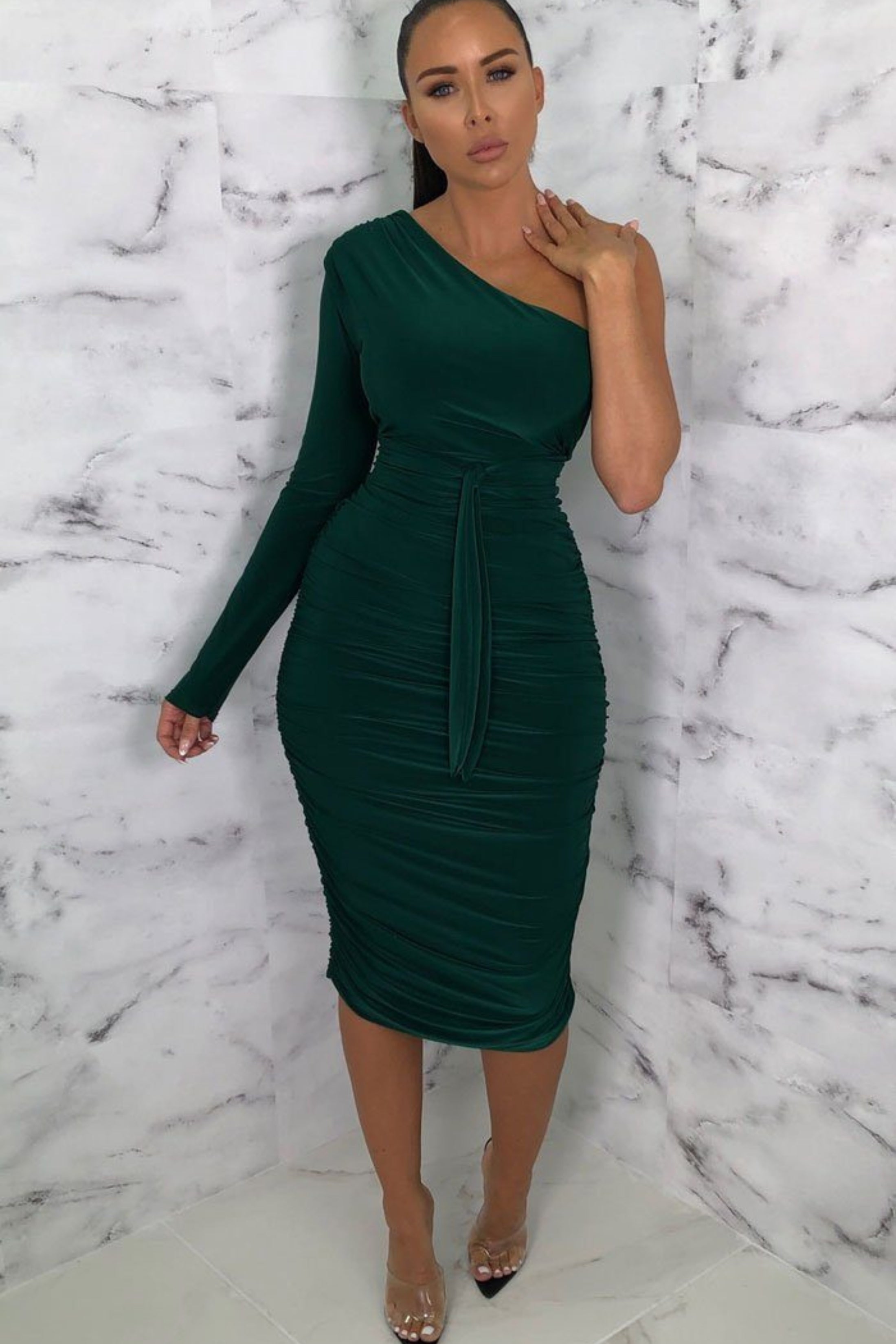 One Shoulder Ruched Slinky Midi Dress