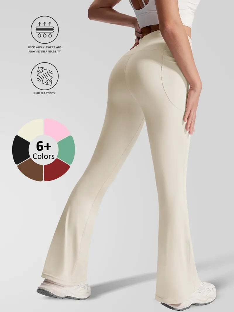 New Sporty Flared Trousers, High Waist Slim-Fit, Breathable Quick-Dry, Side Pockets, Yoga Running Gym Wear, All Seasons, Flared Yoga Bottoms