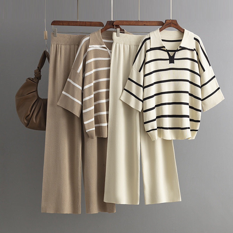 Stylish Striped Top & Solid Color Wide Leg Pants Two-Piece Set