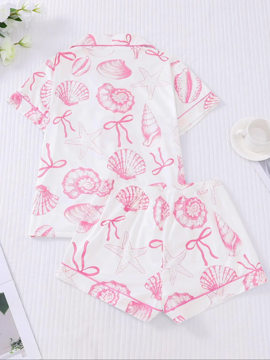 Women's All Over Print Button Front Top & Elastic Waist Shorts Pyjama Two-piece Set