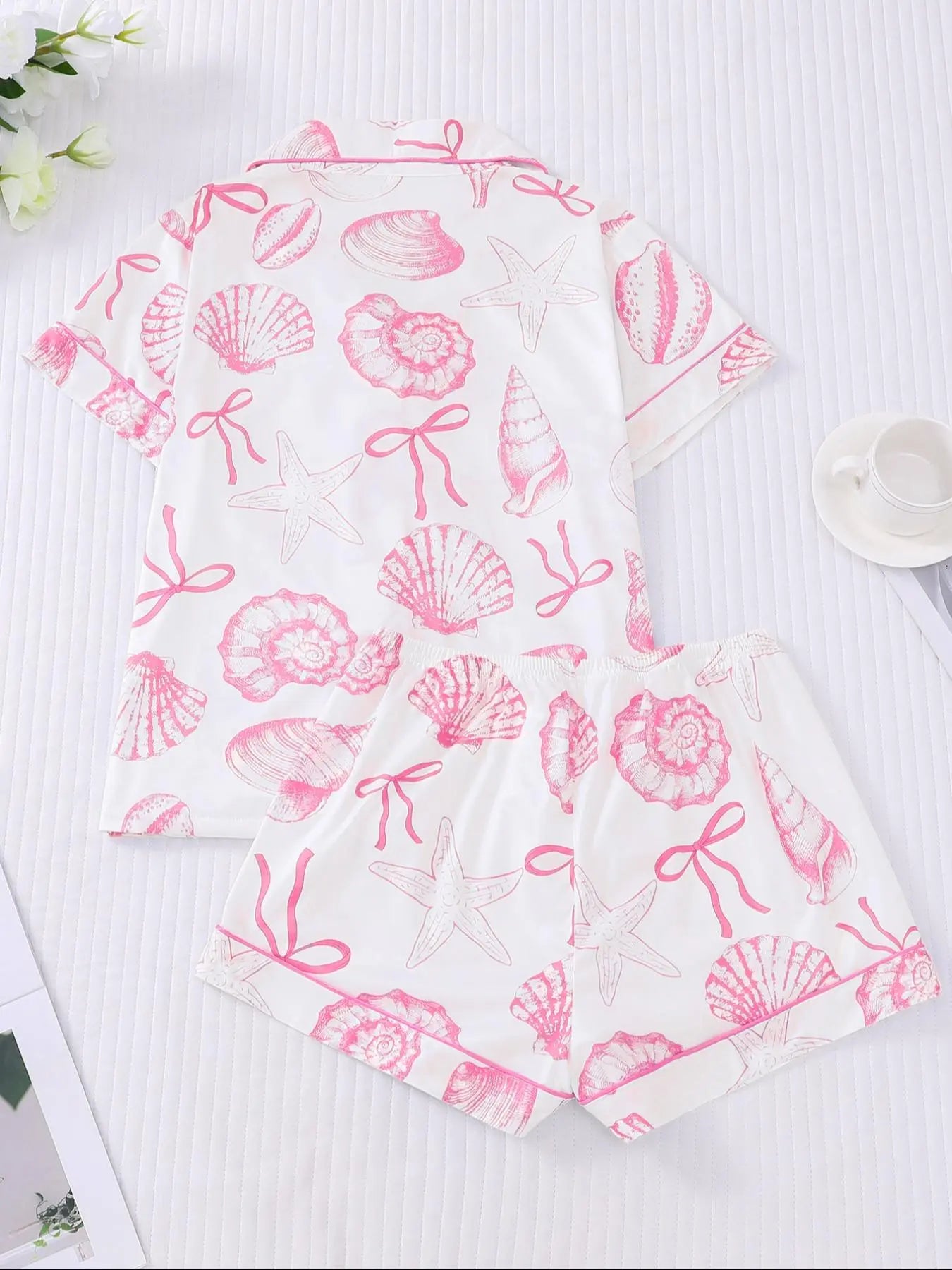 Women's All Over Print Button Front Top & Elastic Waist Shorts Pyjama Two-piece Set