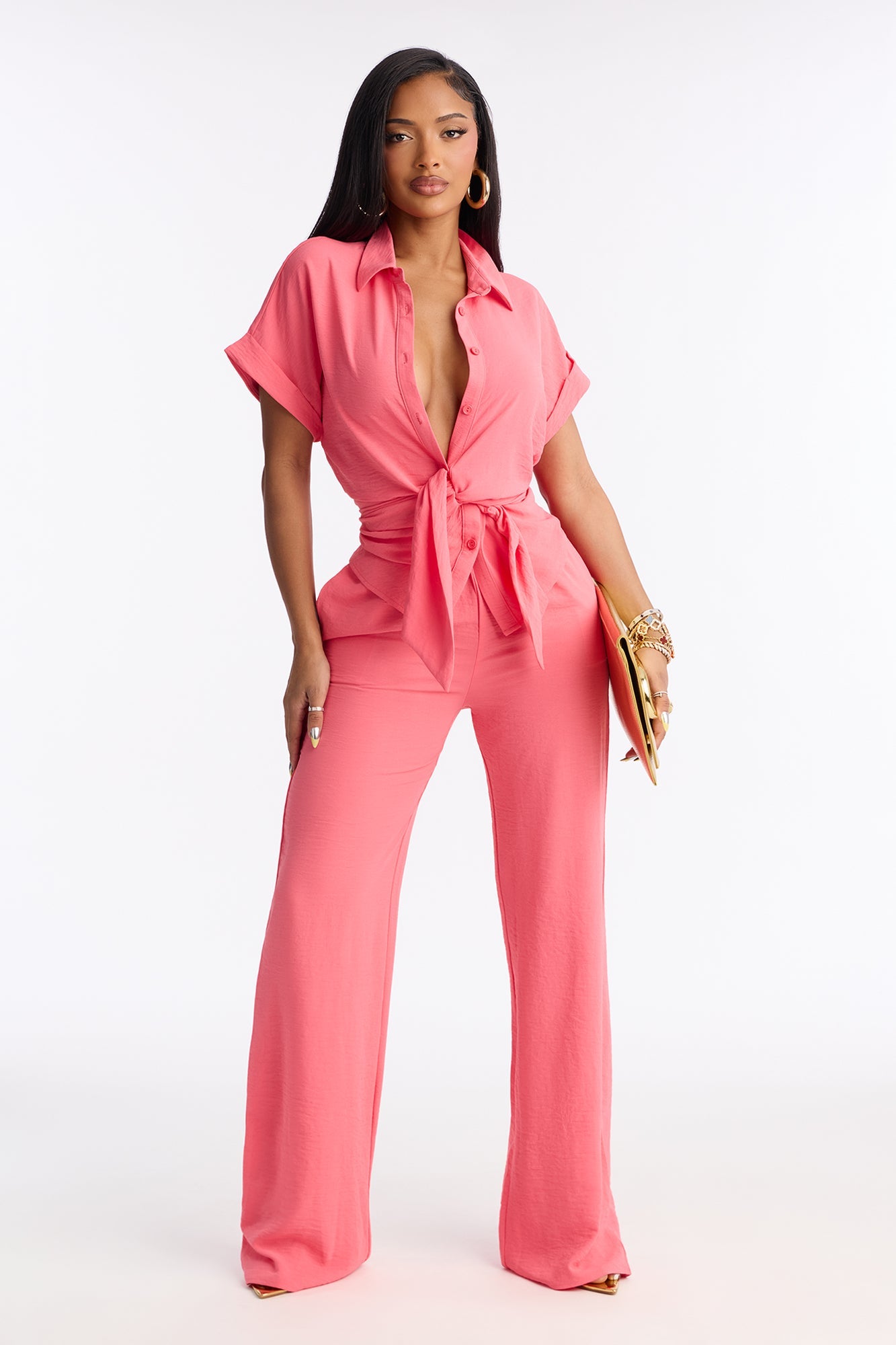 Makela Tie Front Wide Leg Pant Set - Black