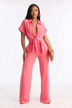 Makela Tie Front Wide Leg Pant Set - Black
