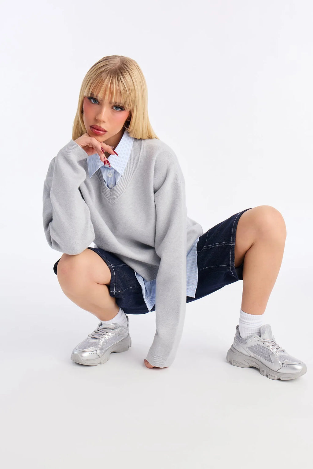 Office Vibes Set-In Poplin Sweater - Grey/combo