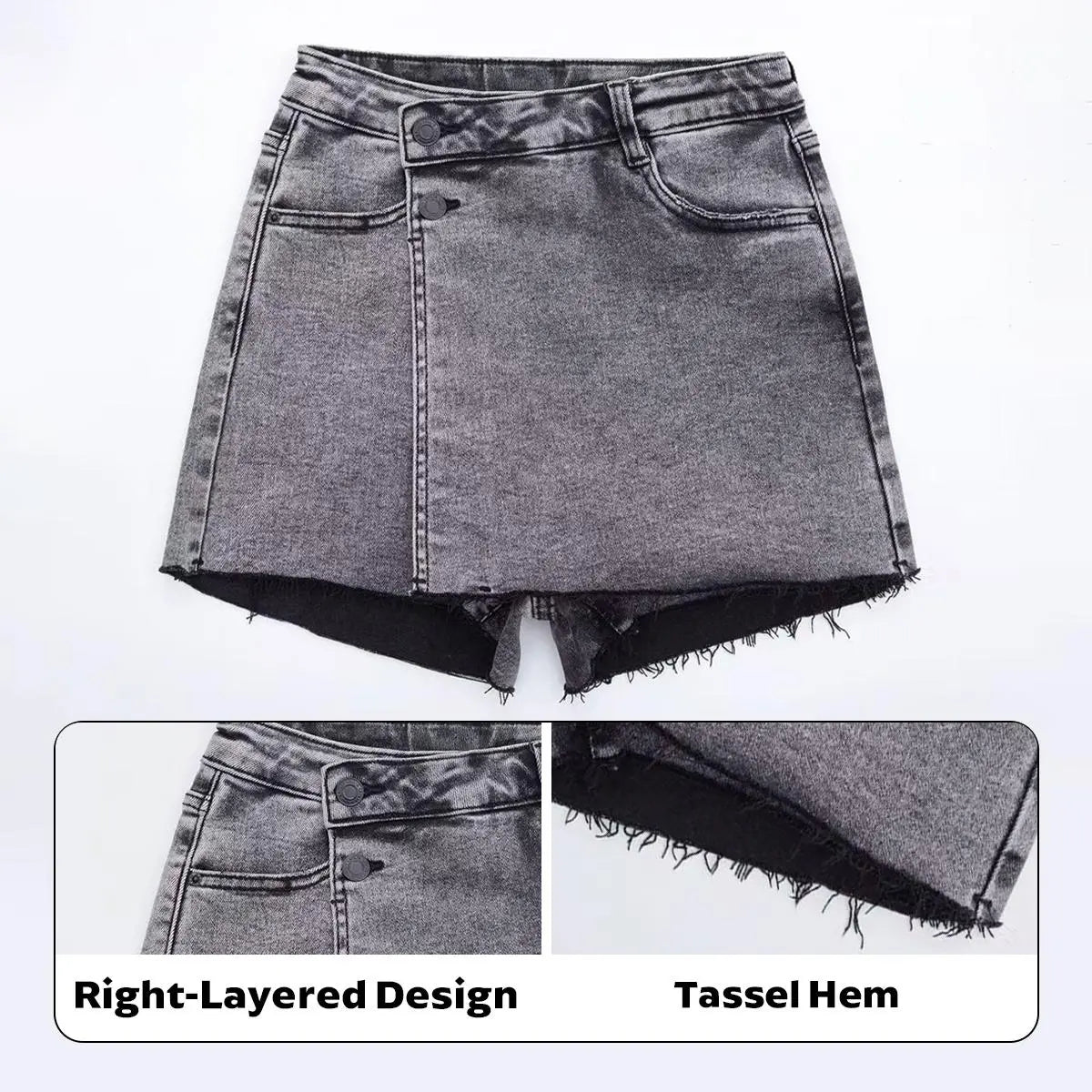 KatchMe Women's Casual Layered High Waist Raw Hemline Durable Denim Skorts, Street Style Jeans, Lightweight Wrinkle-Resistant Bottom, Figure Flattering Stretchy Womenswear, Summer Shorts