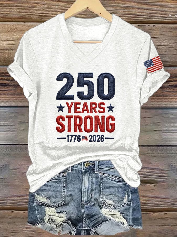 V-Neck Retro 250 Years Strong Print T-Shirt
