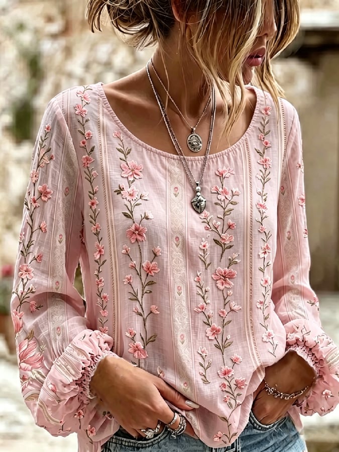 Women's Vintage Floral Breast Cancer Print Top