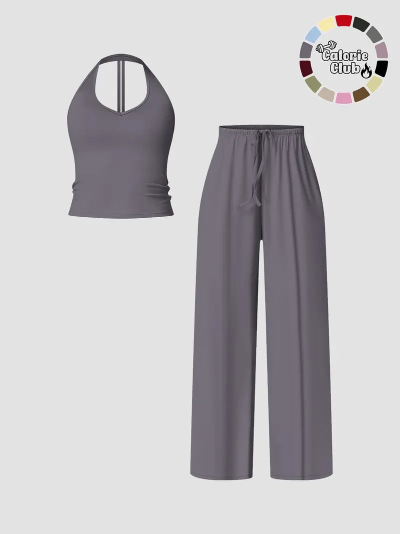 Women's Solid Crop Tank Top & Wide Leg Pants Set