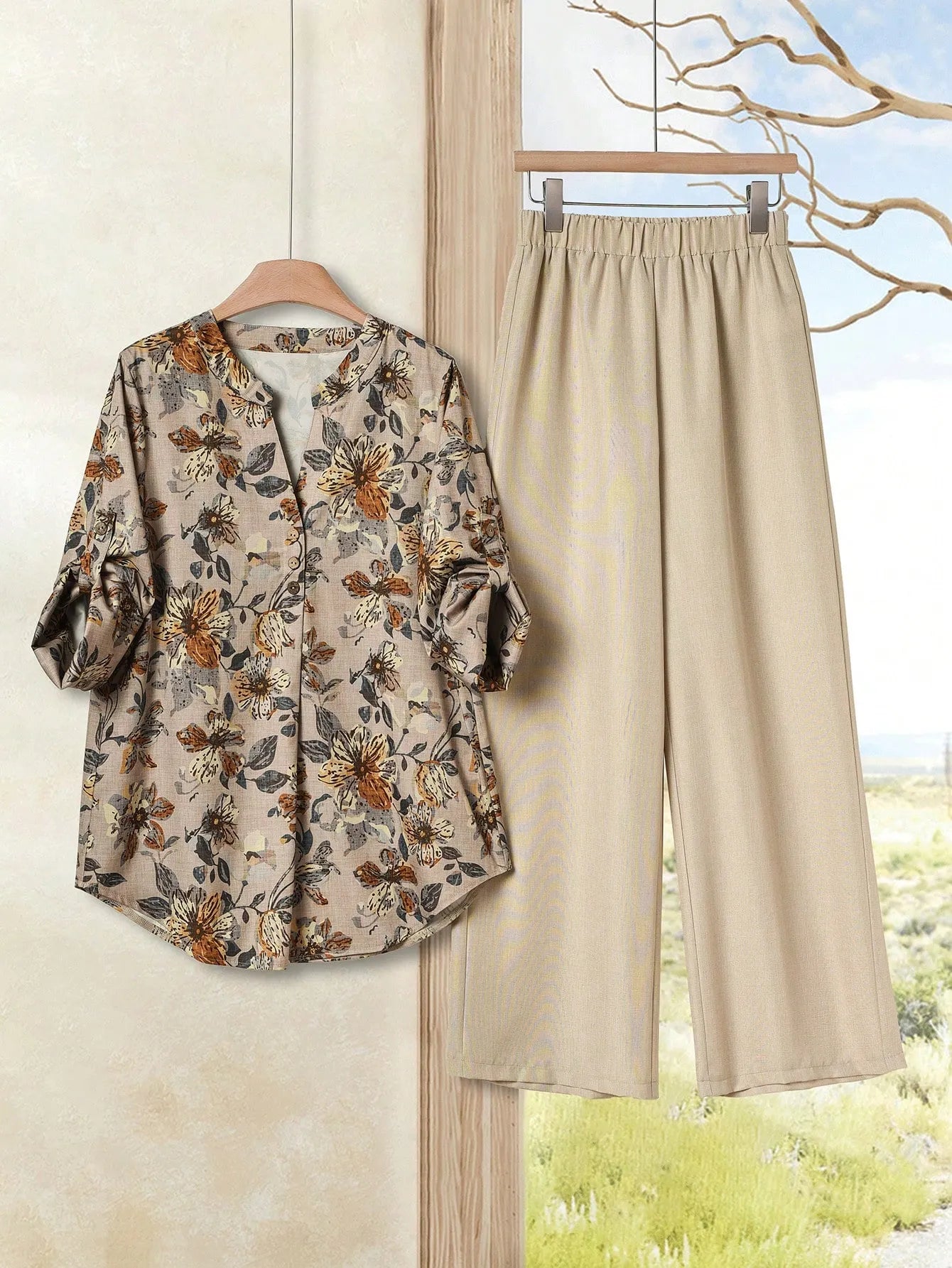 2pcs Women Contrast Color Print Shirt And Pants Set Old Money Style Business Casual Woman Blouse Sets For Ladies Two Piece